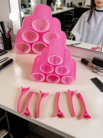 18件套大号卷发棒套装，带夹子，自粘式卷发器，适合长发/中长发/短发及刘海，DIY卷发工具（包含12根大号卷发棒+6个夹子），返校、旅行和度假必备，女士美发饰品