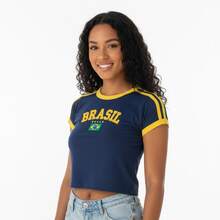 Retro Embroidered Brazilian Flag Crop Top - No State - Navy Blue - View 1