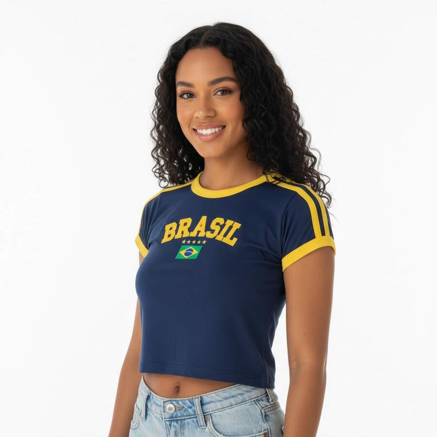 Retro Embroidered Brazilian Flag Crop Top - No State - Navy Blue - View 1