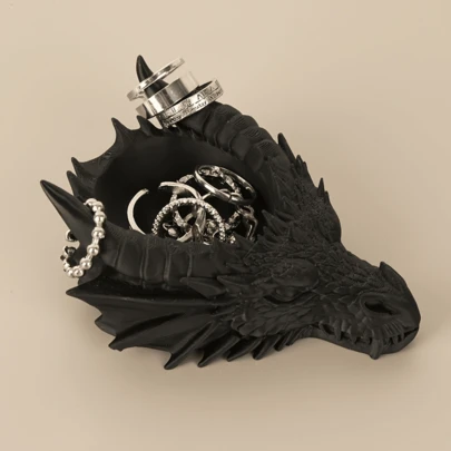 1 pieza Bandeja de joyería con forma de cabeza de dragón gótico y caja de almacenamiento de escritorio - Soporte de exhibición de anillos, collares y pulseras de tema oscuro de plástico, adecuado para estatuas de escritorio góticas, exhibición de joyas, almacenamiento de pulseras, organizador práctico de escritorio con una vibra genial, mejor opción para entusiastas de la mitología, aplicable a 1000 escenarios