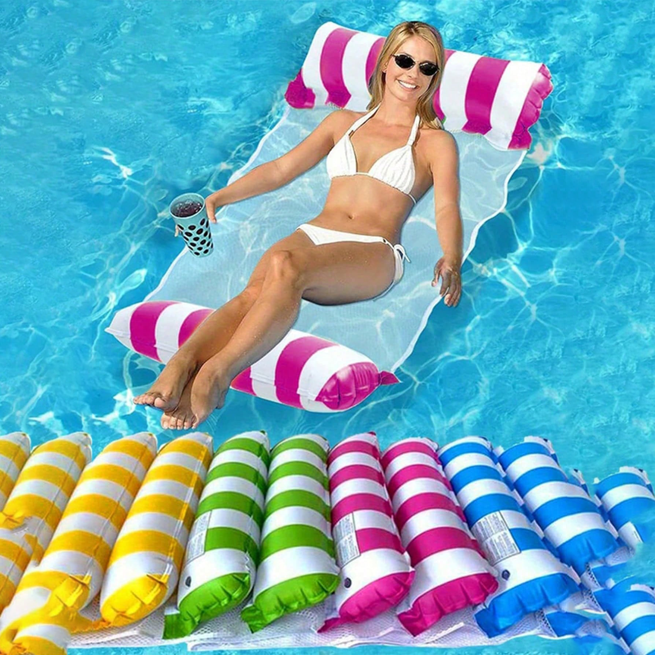 Hamaca inflable de malla para piscina con rayas, tumbona para adultos, adecuada para vacaciones, fiestas, relajación al aire libre, esencial para pla