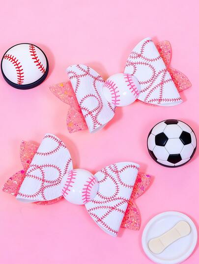 2pcs Glitter Baseball Softball Bow Hair Clips For Girls, Cute Sports Hair Accessories For Photography