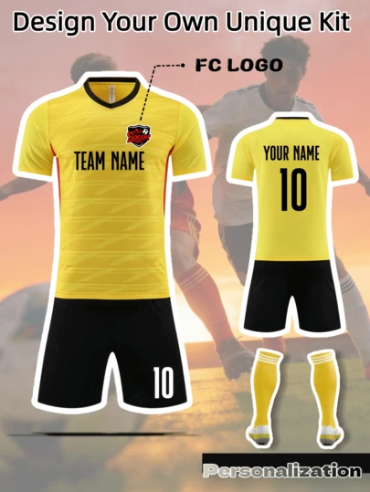 Bộ 2 áo bóng đá màu vàng tùy chỉnh - Có thể thêm tên, số hoặc logo đội bóng theo yêu cầu | Chất liệu vải nhanh khô, thoáng khí | Bao gồm áo và quần short | Lý tưởng cho các đội bóng và cầu thủ cần trang phục thi đấu hiệu suất cao được tùy chỉnh.