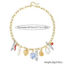 Handpainted Blue Lotus Ceramic Beaded Bohemian Style Shell Layered Necklace, Gold Chain With Baroque Pearl Heart Pendant, Summer Beach Vibe Jewelry For Women - Gold - View 9