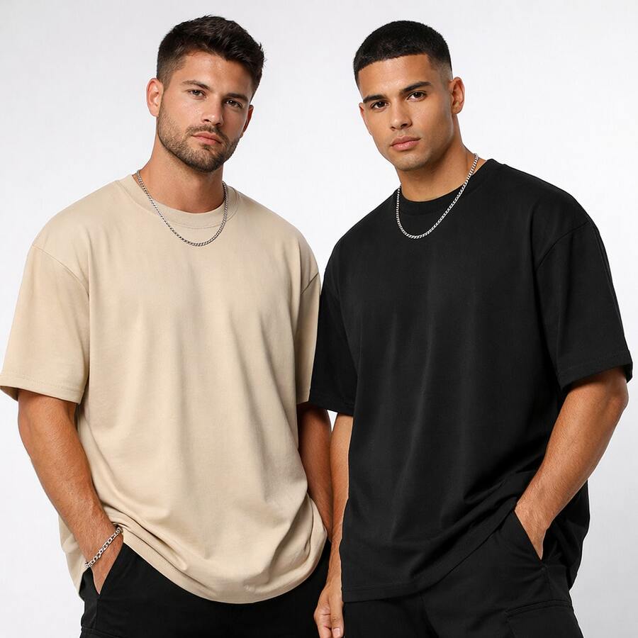 Kit 2 Oversized T-Shirt G1 To G4 Plus Size Streetwear 100% Cotton Men's Over Skate Shirt Christmas Workout Gym Casual - 杏色 - 查看 1