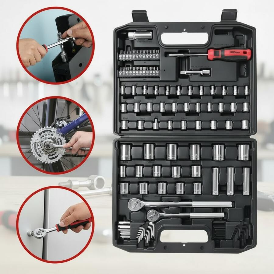 Professional 107-Piece Steel Socket Set With Case + 1/4", 3/8", And 1/2" Ratchets + Bits And Allen Wrenches - A - View 1