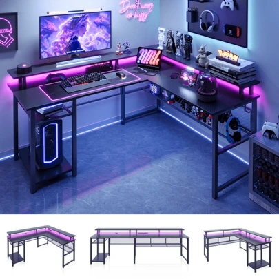 Scrivania Gaming ad Angolo a L 140x120x75 cm, Scrivania per Computer con Spazio di Archiviazione, Supporto per Monitor, Prese di Corrente e Illuminazione LED