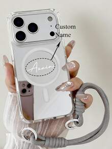 Personalized Custom Name Embossed Letter Four-Corner Mirror Short Rope Shockproof Protective Phone Case, Compatible With Iphone 18 Pro Max 17 Pro Max 17 Pro 17 16 15 14 13 12 11 Pro Max 16 15 Plus - Silver - View 2
