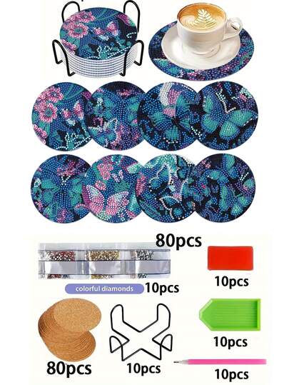 8pcs Diamond Art Coasters With Stand + 8pcs Soft Cork Pads, DIY Butterfly Series Diamond Art Coasters, Suitable For Adult Sewing 5D DIY And Beginner Diamond Painting Kit, Diamond Painting Craft Supplies, Exquisite Gift For Friends