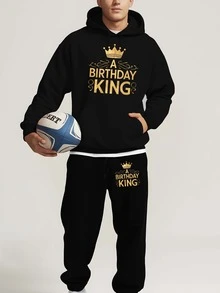 A BIRTHDAY KING Mens Warm Tracksuit Set Hoodie And Joggers Black 2 Piece Fleece Lined For Gym Homewear And Streetwear - 黑色4 - 查看 1
