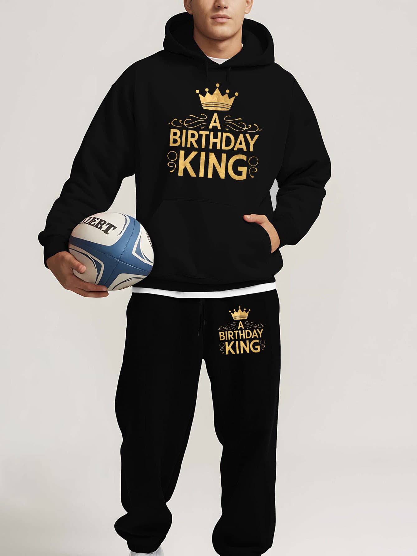 A BIRTHDAY KING Mens Warm Tracksuit Set Hoodie And Joggers Black 2 Piece Fleece Lined For Gym Homewear And Streetwear - 黑色4 - 查看 1