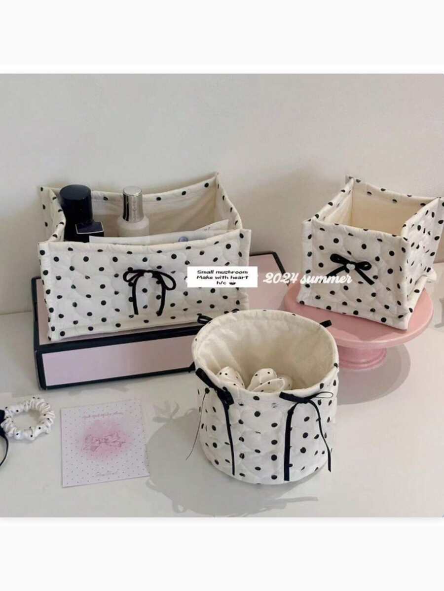 1个黑色波点蝴蝶结装饰收纳篮，简约甜美布艺收纳篮，高端便携式桌面整理篮，立方体零食收纳篮，多功能收纳篮，适用于卧室、客厅、浴室，可用于存放香水、化妆品、护肤品、珠宝配饰、野餐用品，适合作为情人节礼物 - 彩色 - 查看 1