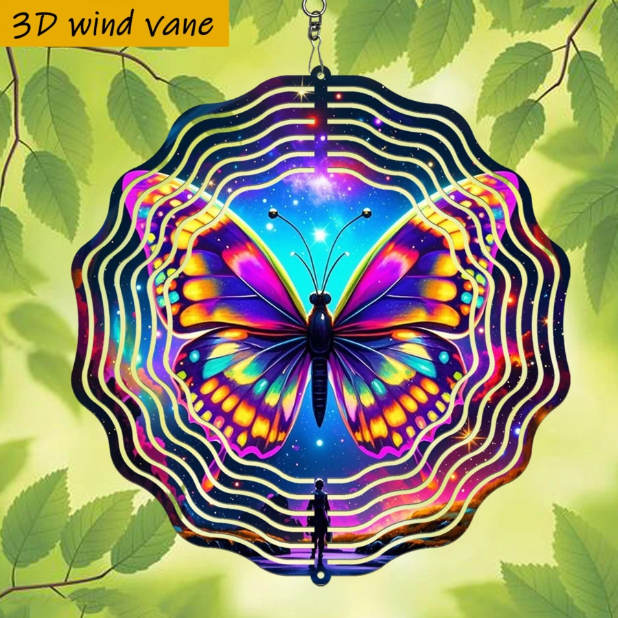 3D立体装饰“星空背景下翩翩起舞的彩色蝴蝶”，尺寸25.5厘米/10英寸*25.5厘米/10英寸，带旋转挂钩，可360°旋转，DIY创意风车，四季皆宜，家居园艺用品。