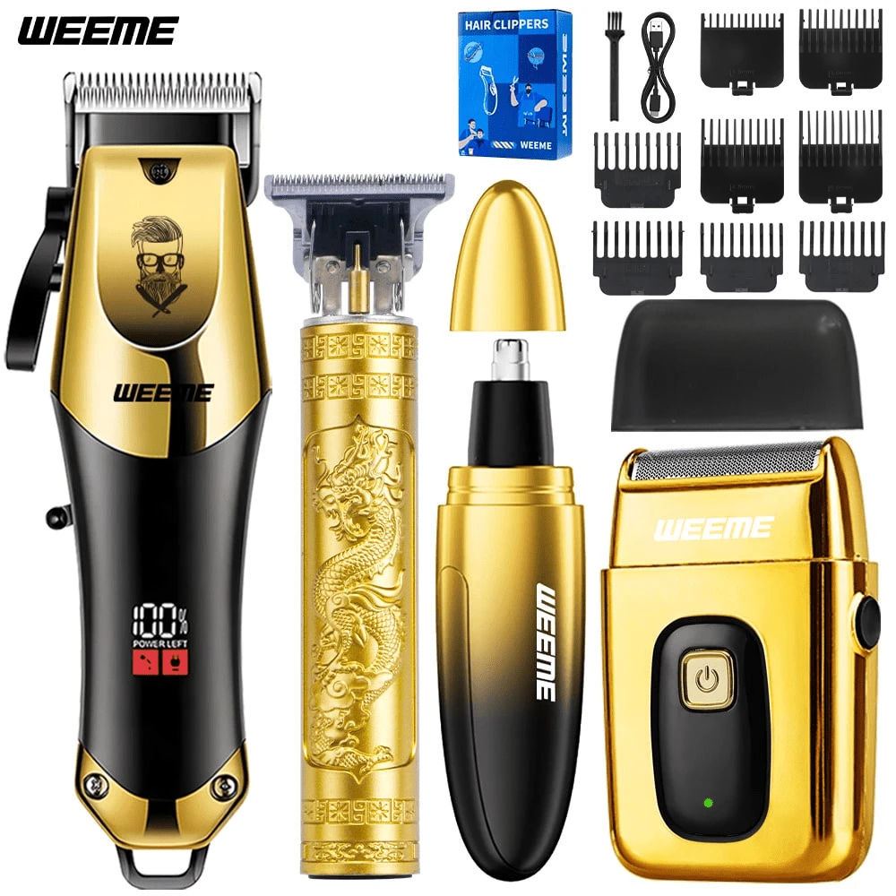 WEEME 4pcs/3pcs/1pc Men's Electric Grooming Kit - Includes Cordless Hair Clipper, Engraving Scissors, Precision Beard Trimmer, Nose Hair Trimmer And Electric Shaver, USB Charging Set With Guide Comb, Ideal For Home Haircut, Daily Shaving And Full-Body Grooming.