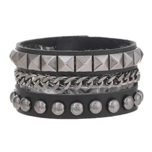 1/3 件套黑色哥特式 PU 皮革铆钉朋克哥特手链，男女通用 - 黑色#1 - 查看 5