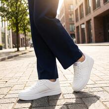 Tenis para hombre y tenis de hombre en oferta zapatos cómodos informales con suela gruesa de plataforma calzado deportivo transpirable fabricado en PU sintético y suela EVA ligera diseño liso con cordones estilo casual de moda urbana zapatillas versátiles para caminar uso diario y deporte ligero y cómodo - Blanco - Ver 7