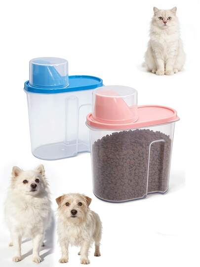 这款密封宠物食品储存容器防潮保鲜，方便定量喂食。它配备大容量干货储存盒，内置量杯盖，便于精准控制喂食量。透明PET材质的盒身让您轻松查看剩余量。符合人体工学的侧面设计，方便倾倒和移动容器。