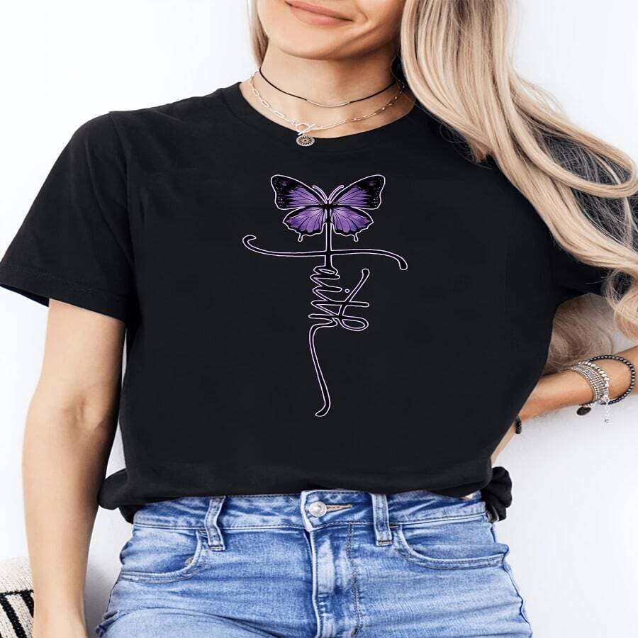 Camiseta de manga corta informal de cuello redondo para mujer, ideal para el Día de la Madre, con diseño moderno de estampado de mariposas, perfecta para deportes diarios y como regalo para amigas o familiares, ropa de mujer - Multicolor - Ver 1