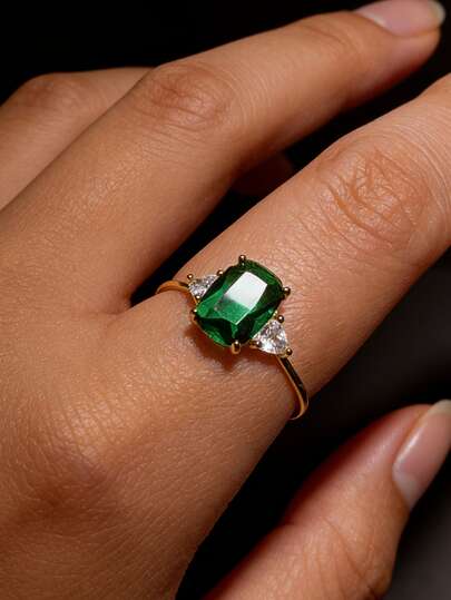 1 pieza Anillo de compromiso/boda de plata esterlina S925 con gema sintética de zirconia verde, joyería elegante y grácil para uso diario para mujeres