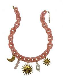 1件金色不锈钢日月吊坠项链，搭配粉色亚克力云朵效果链，适合夏季外出、旅行和赠送朋友 - 粉紅色鏈條+太陽吊墜 - 查看 4