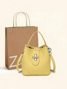 New Fashionable Solid Color Dopamine Litchi Grain Exquisite Niche Design Twist Lock Handbag, European And American Style Korean Chic Casual Bucket Shoulder Bag, Suitable For Daily Commute, Shopping, School, Travel, Crossbody Bag For Women - Multicolor - View 3