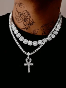 1 套立方体设计吊坠项链、网球链项链和吊坠项链，男士百搭时尚首饰，适合日常佩戴 - 安卡項鍊 - 查看 19