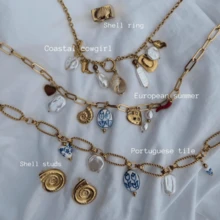 Handpainted Blue Lotus Ceramic Beaded Bohemian Style Shell Layered Necklace, Gold Chain With Baroque Pearl Heart Pendant, Summer Beach Vibe Jewelry For Women - Gold - View 5