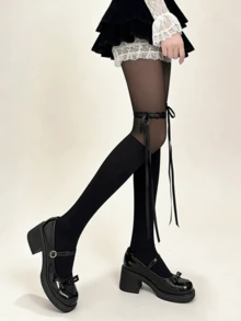 1双米色/黑色薄款透明甜美蝴蝶结拼接长筒袜，适合春夏穿着 - 彩色 - 查看 4