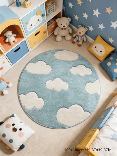 1pc Soft Blue Background With 3D White Cloud Design, Fresh And Healing Style, Suitable For Scenes Like Parent-Child Play Area; Round Carpet With Pastel Cloud Pattern, French Cream Ins Elegant Round Carpet, Decorative Rug