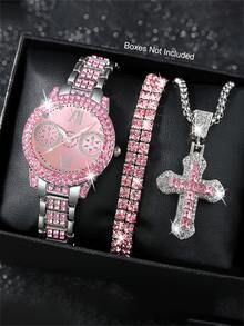 3pcs/Set Fashionable Round Design Versatile Luxury Women's Watch Set, Elegant Business Style - Pink - View 7