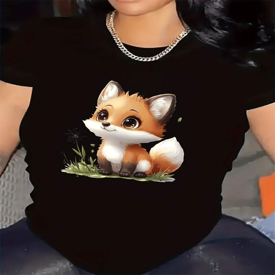Camiseta con diseño de zorro adorable, tela ligera y duradera, ideal para entornos informales, ajuste cómodo, regalo perfecto para amantes de los animales, prenda superior elegante y de moda, cuello redondo, elasticidad media, ropa de mujer - Multicolor - Ver 1