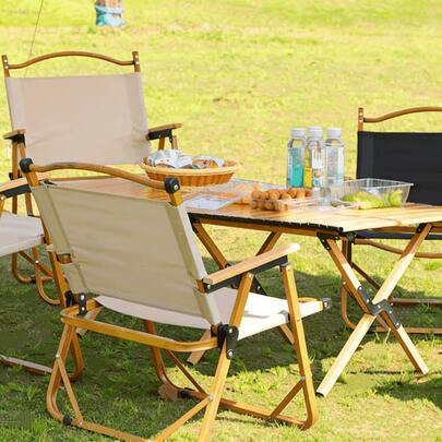 Vintage Folding Camping Chair, Portable Single-Person Leisure Chair, Minimalist Solid Color Design Without Pattern, Aluminum Alloy Wood Grain Frame With Oxford Cloth Seat, One-Second Quick Folding Lightweight And Easy To Store, Ergonomic Curved Backrest Conforms To Waist And Back Curve, Wood Grain Texture Armrests Upgrade The High-End Look, Black Metal Hardware And Rivets Reinforce The Sturdy Structure, Anti-UV, Waterproof And Wear-Resistant Suitable For Various Outdoor Environments, Comfortable Sitting Height, Compact And Portable When Folded, Perfect For Spring Outings And Picnics