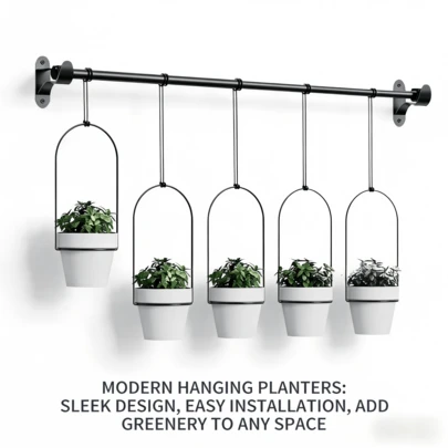 1 Set Metal Adjustable Sliding Garden Hanging Display Rack - Hook-Hanging Pots With 5 Plastic Pots, Window-Hanging Pot Set, Track For Outdoor Walls, Indoor Windows And Ceilings Herb Garden, Wall Plant Hanger With Nylon Rope, Black, For Boxes, Cabinets, Outdoor Storage Racks