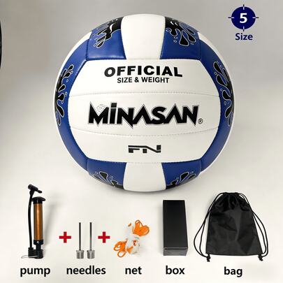 1 Piece Of MINASAN Volleyball No.4, No.5 TPU Leather Training Football Durable Classic White And Blue Soft Ball With Free Air Pump, Air Needle And Mesh Bag Explosion-Proof High Elastic Goal Gift Suitable For Outdoor/Indoor Sports Competitions And School Games For Men And Women.