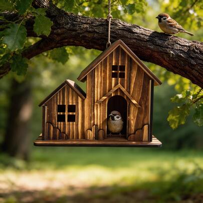 1个豪华双层木制鸟屋 - 适合中小型鹦鹉及其他鸟类筑巢，夏季户外露台装饰