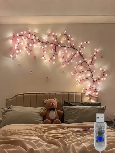 LED Cherry Blossom Branch Wall Lamp, 8 Lighting Modes, Soft Willow Branch Shape, Floral Wall Decor, Suitable For Bedroom, Home, Spring Decoration