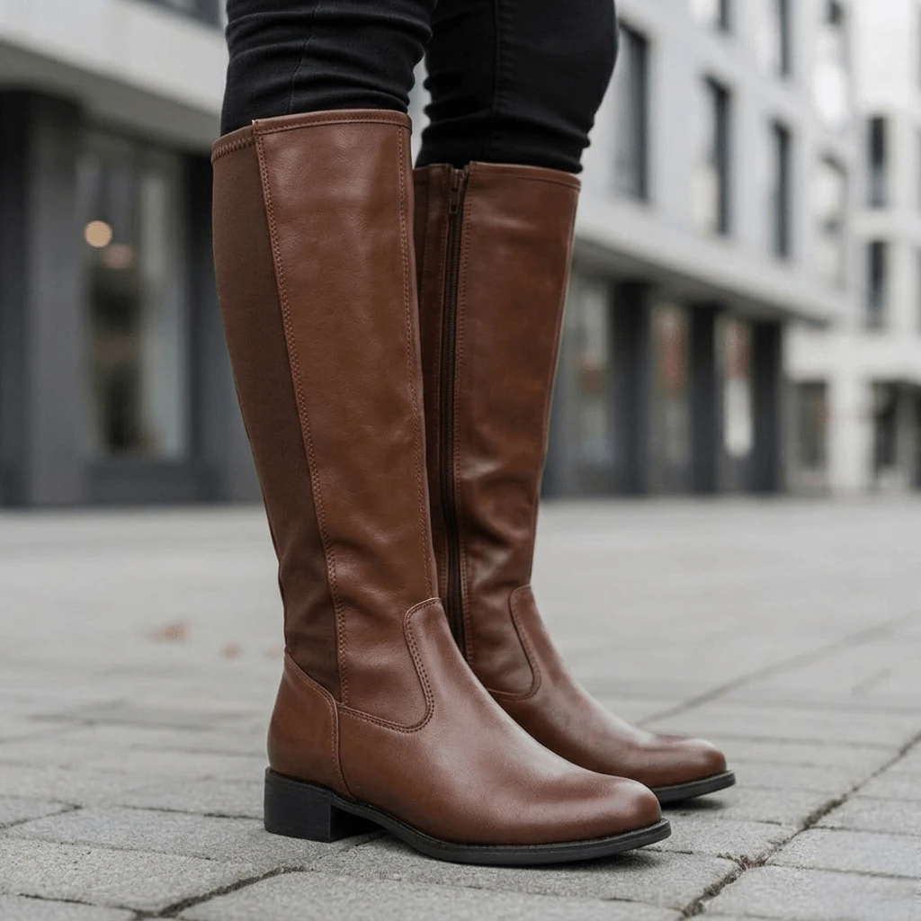 Women's High-Top Riding Boot With Side Zipper, Comfortable, Low Heel, Non-Slip, Stylish Winter Fashion - Caqui - Ver 1