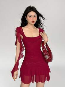 Vestido Rojo Sin Mangas Con Cuello Halter Y Ribete De Volantes De Primavera - Rojo - Ver 7