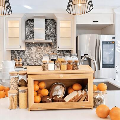 1 stuk grote bamboe brooddoos met een transparant venster, een opberg- en organisatiebox voor op het aanrecht, een brooddoos in houtstijl die brood vers houdt en netjes opbergt, geschikt voor het bewaren van brood, gebak, snacks en kruiden in moderne gezinskeukens.