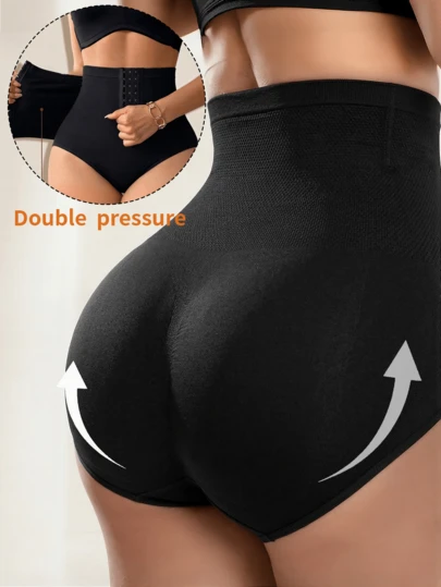 1pc Plus Size Women's Black High Waist Double Compression Shaping Panties, Dual Zipper Closure Abdominal Shaping Lift Buttocks Shapewear, Elastic Sculpting Waist Trainer