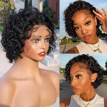 VIOLLY 6英寸杰瑞卷发精灵短假发，13x1高清透明蕾丝前额假发，150%密度，融合式发际线，1B黑色 - 自然色&黑色系 - 查看 5