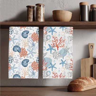 2条夏季海洋珊瑚贝壳图案厨房毛巾，柔软涤纶材质，适用于厨房装饰、清洁、节日派对装饰、厨房和浴室用品、家居装饰、乔迁礼物