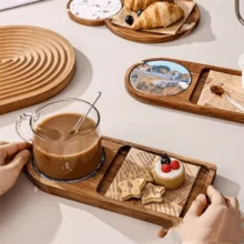 1 pieza Bandeja de fotografía creativa de postres, plato individual para merienda de té de la tarde, bandeja de exhibición de pan de madera de acacia - Marrón - Ver 2