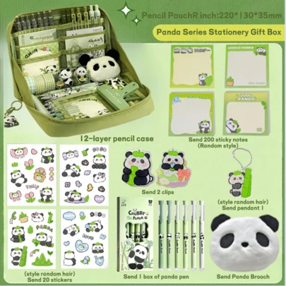 Great Value! Panda Stationery Pencil Case Gift Set, Large Capacity Flip-Top Pencil Box, Student Daily Stationery Pouch, Cute Panda Accessories Stationery Gift Box Set, Back To School Stationery Gift Box Set, Multi-Function Pencil Case, Waterproof And Dirt-Resistant Stationery Pouch, Elementary Student Stationery Gift Box Set. The Pencil Case Can Be Decorated As Desired. Back To School Season, School Supplies, Pencil Case, Backpack