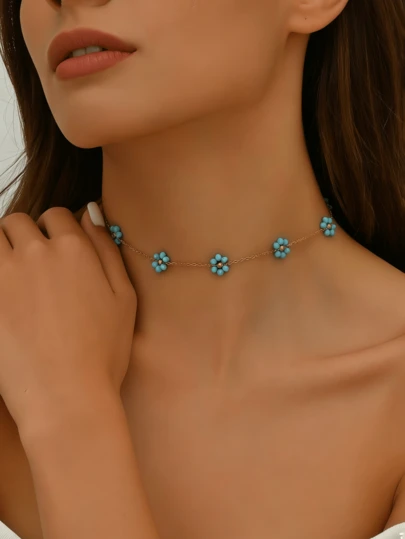 1pc Cute Blue Flower Pendant Necklace, Stainless Steel Women's Collarbone Chain Necklace, Crystal Floral Design Necklace, Suitable For Women's Daily Wear Party Wear Or Summer Beach Wear, Perfect Gift