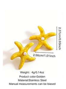 1 Set Asymmetrical Starfish Design Stainless Steel & Plastic Earrings, Fashionable & Elegant, Suitable For Women's Beach Vacation, Gathering With Friends, Or Beach Dates - Yellow Gold - View 12