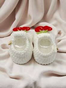 1 Pair Handmade Crochet Infant Sandals, White With Red Cherry Decor, Soft Knitted Booties - White - View 7