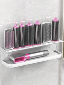 1pc White Multi-Function Hair Dryer Holder & Curling Iron Rack, Wall Mount Storage Organizer Without Drilling - White - View 1