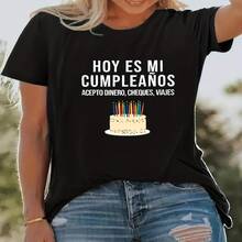 Conjunto de Cumpleaños para Mujer - Camiseta Casual de Manga Corta con Estampado de "Cumpleaños" y Diseño de Pastel, Cuello Redondo Elástico Ideal para Primavera y Verano, Lavable a Máquina - Multicolor - Ver 1