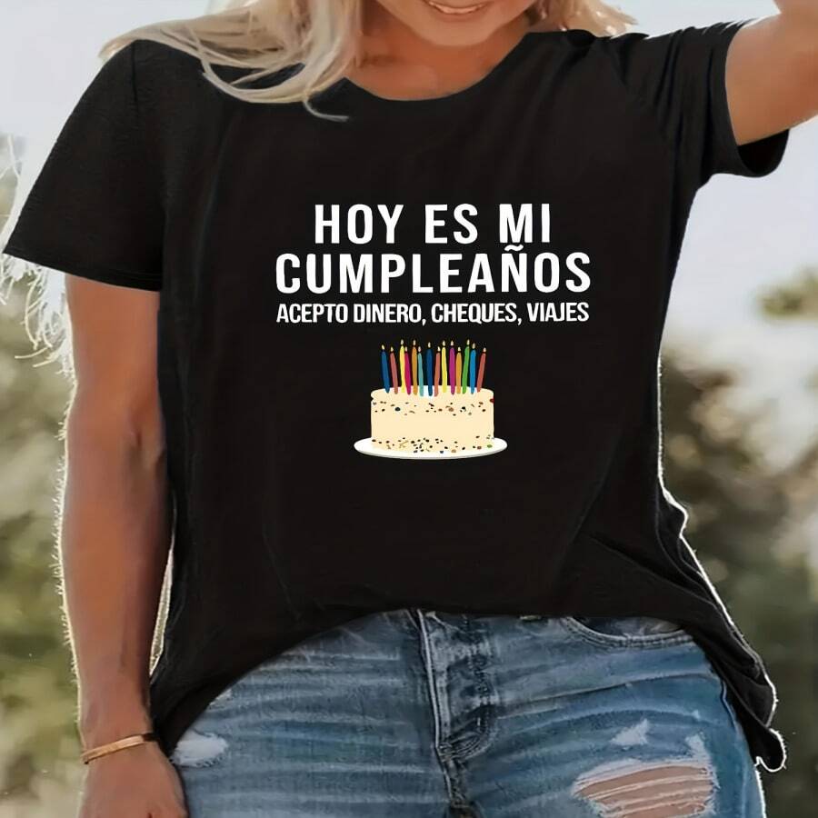 Conjunto de Cumpleaños para Mujer - Camiseta Casual de Manga Corta con Estampado de "Cumpleaños" y Diseño de Pastel, Cuello Redondo Elástico Ideal para Primavera y Verano, Lavable a Máquina - Multicolor - Ver 1